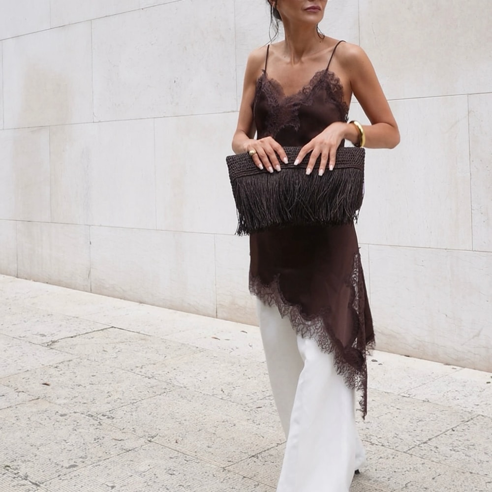 Combhasaki Women Floral Lace Trim Satin High Low Vest, Silk Spaghetti Strap Side Split Asymmetrical Cami, Flowy Silky