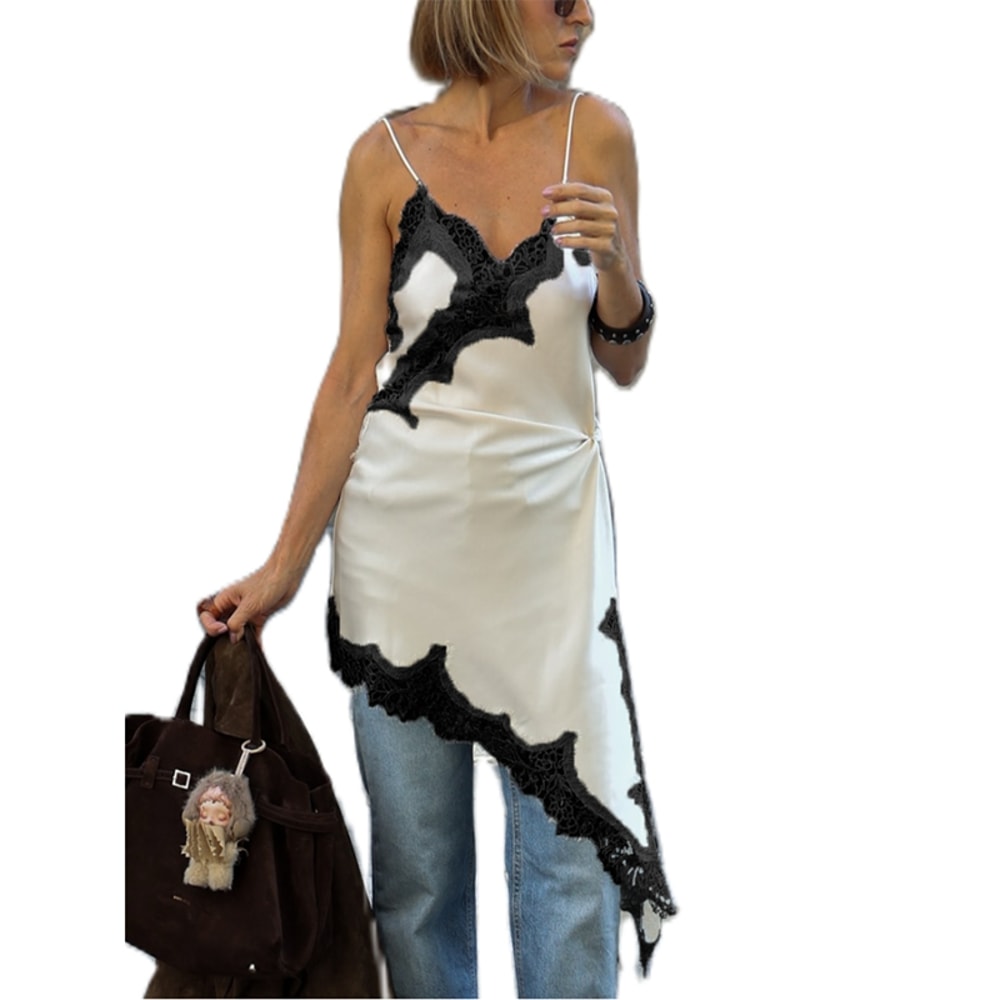 Combhasaki Women Floral Lace Trim Satin High Low Vest, Silk Spaghetti Strap Side Split Asymmetrical Cami, Flowy Silky