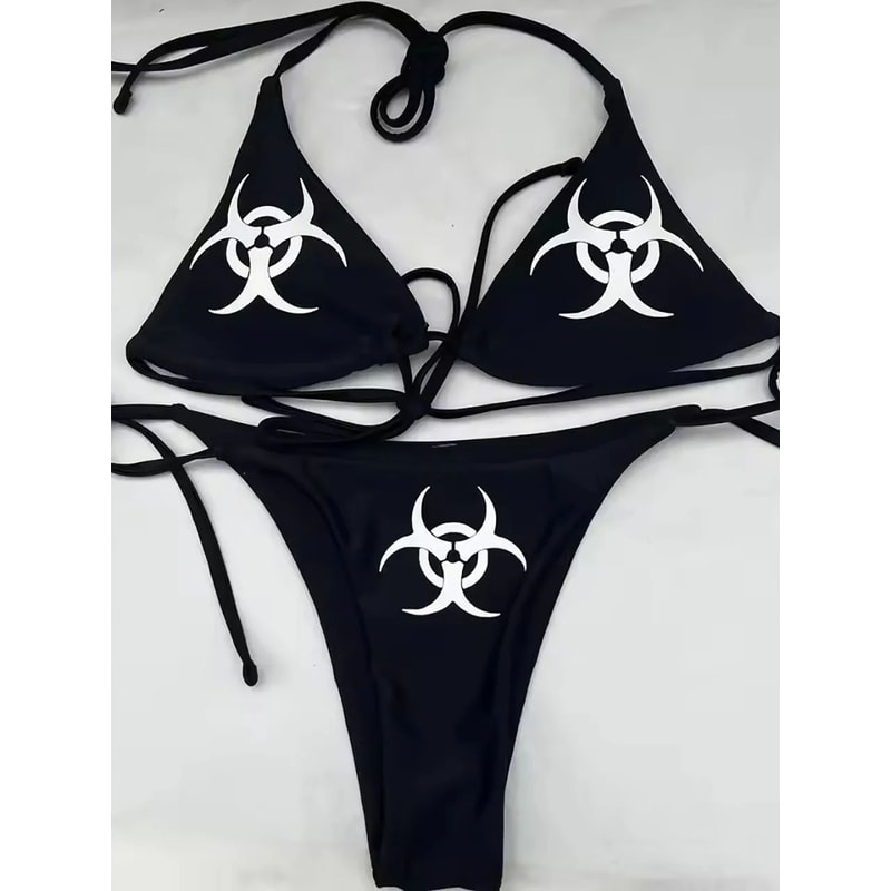 Style Print Bikini Set, Sexy Thong Swimsuit, Two Pieces Bathing Suit, Punk Fashion Swimwear for Women