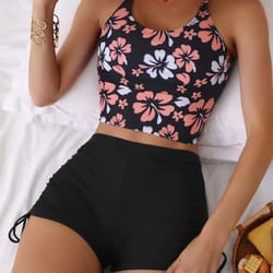 printed flower tankini set, girl swimwear, adjustable strap vest bra, female flower shorts bikini, drawstring women beac
