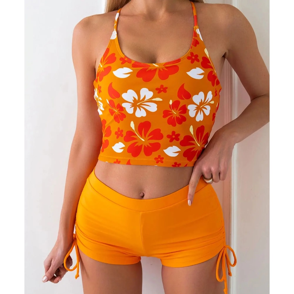 Printed Flower Tankini Set Girl Swimwear Adjustable Strap Vest Bra Female Flower Shorts Bikini Draw 8