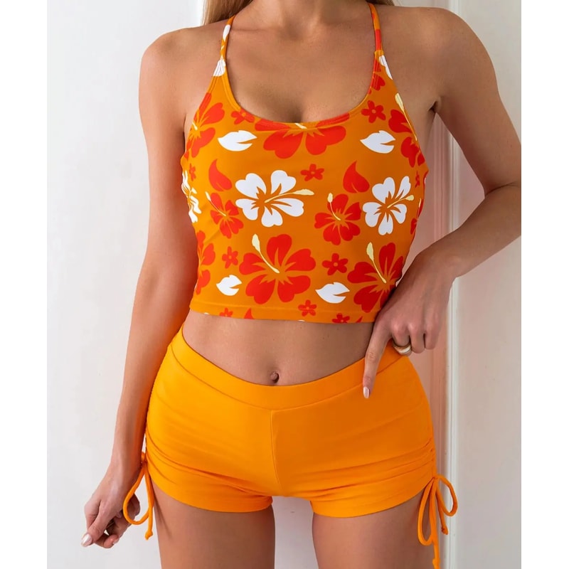 Printed Flower Tankini Set Girl Swimwear Adjustable Strap Vest Bra Female Flower Shorts Bikini Draw 8