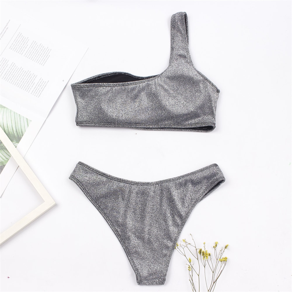 One Shoulder Women Sexy Bikini Set, Biquini Ladies Blingbling Swimsuit, Two Piece Glitter Swimwear, Solid Color Bathing