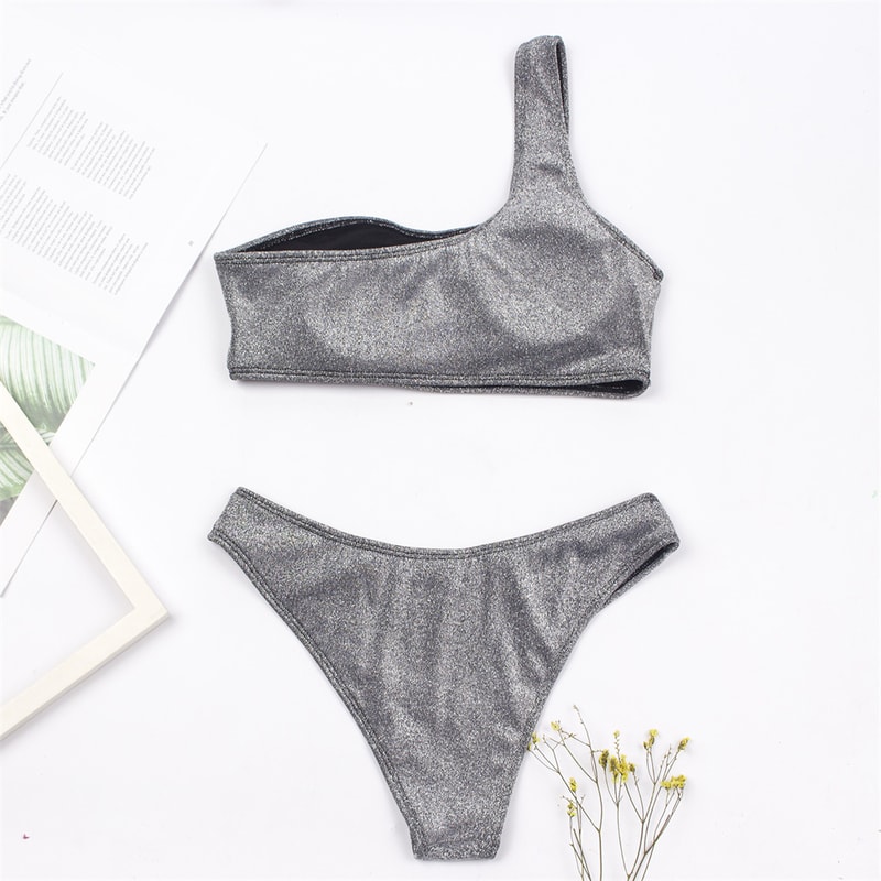 One Shoulder Women Sexy Bikini Set, Biquini Ladies Blingbling Swimsuit, Two Piece Glitter Swimwear, Solid Color Bathing
