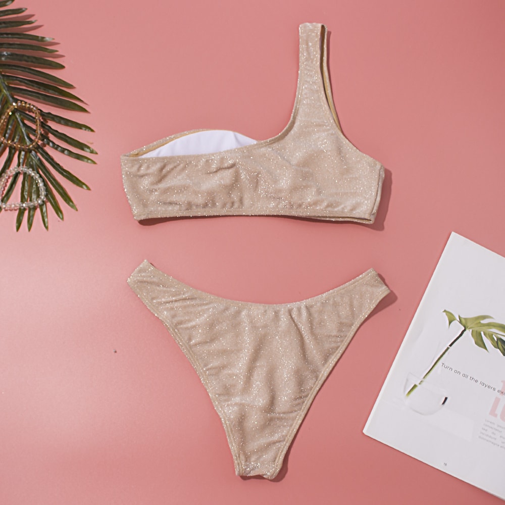 One Shoulder Women Sexy Bikini Set, Biquini Ladies Blingbling Swimsuit, Two Piece Glitter Swimwear, Solid Color Bathing
