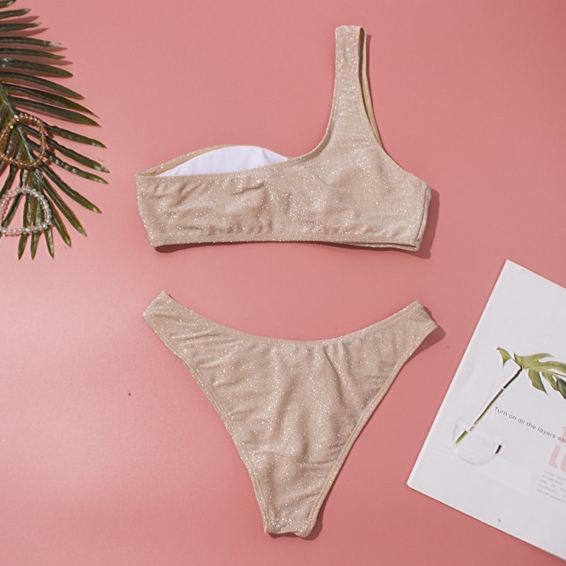 One Shoulder Women Sexy Bikini Set, Biquini Ladies Blingbling Swimsuit, Two Piece Glitter Swimwear, Solid Color Bathing