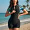 Women Swimwear Short Sleeve Swimsuit Zip Front Tropical Plant Surfing Quick Drying No Builtin Bra 1
