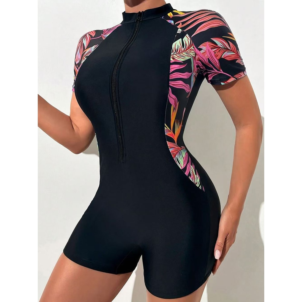 Women Swimwear Short Sleeve Swimsuit Zip Front Tropical Plant Surfing Quick Drying No Builtin Bra 6