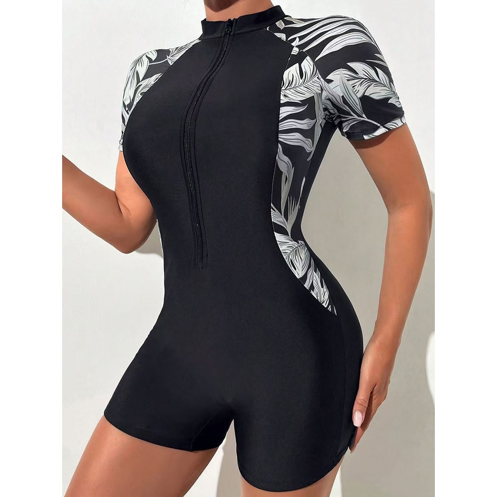Women Swimwear Short Sleeve Swimsuit Zip Front Tropical Plant Surfing Quick Drying No Builtin Bra 7