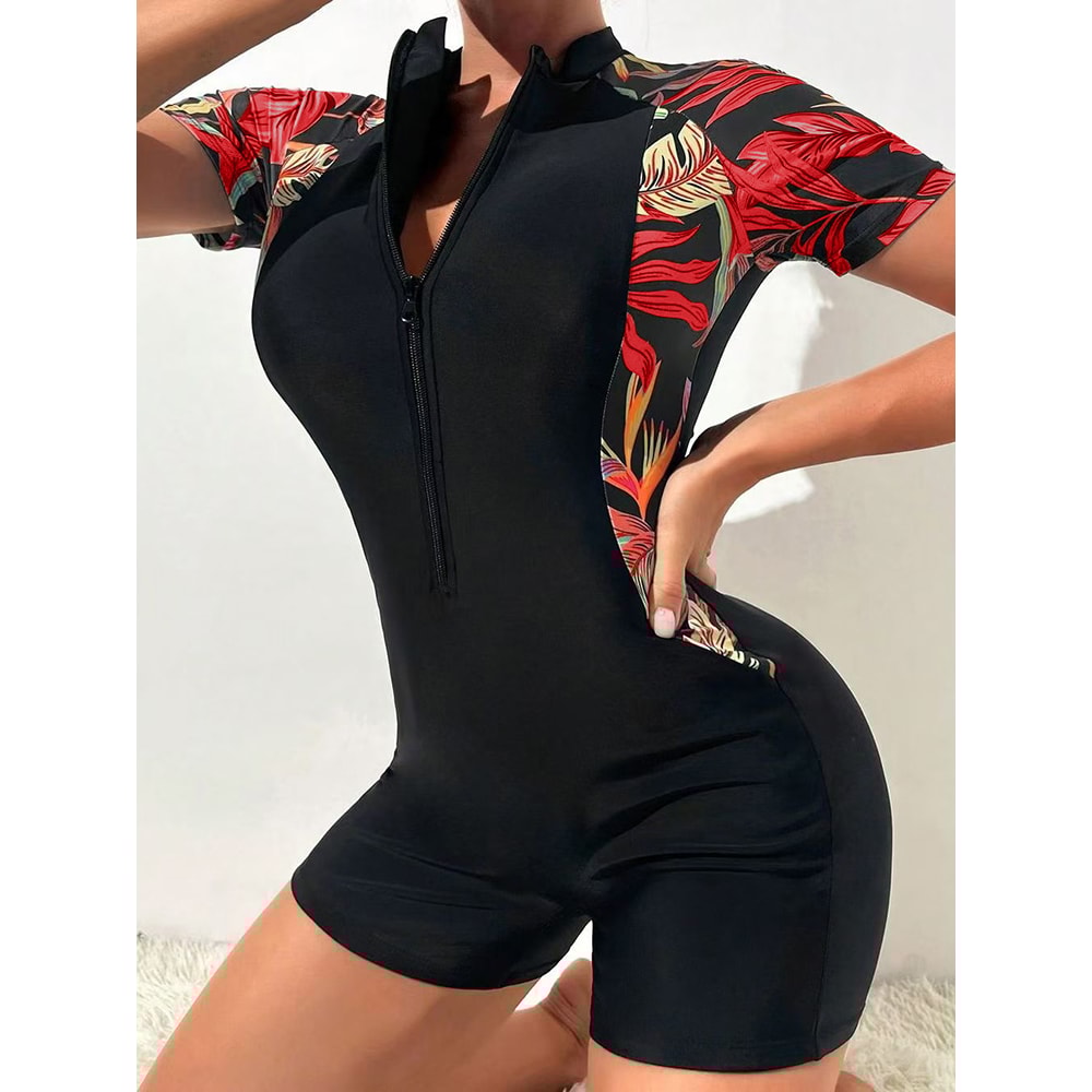 Women Swimwear Short Sleeve Swimsuit Zip Front Tropical Plant Surfing Quick Drying No Builtin Bra 8