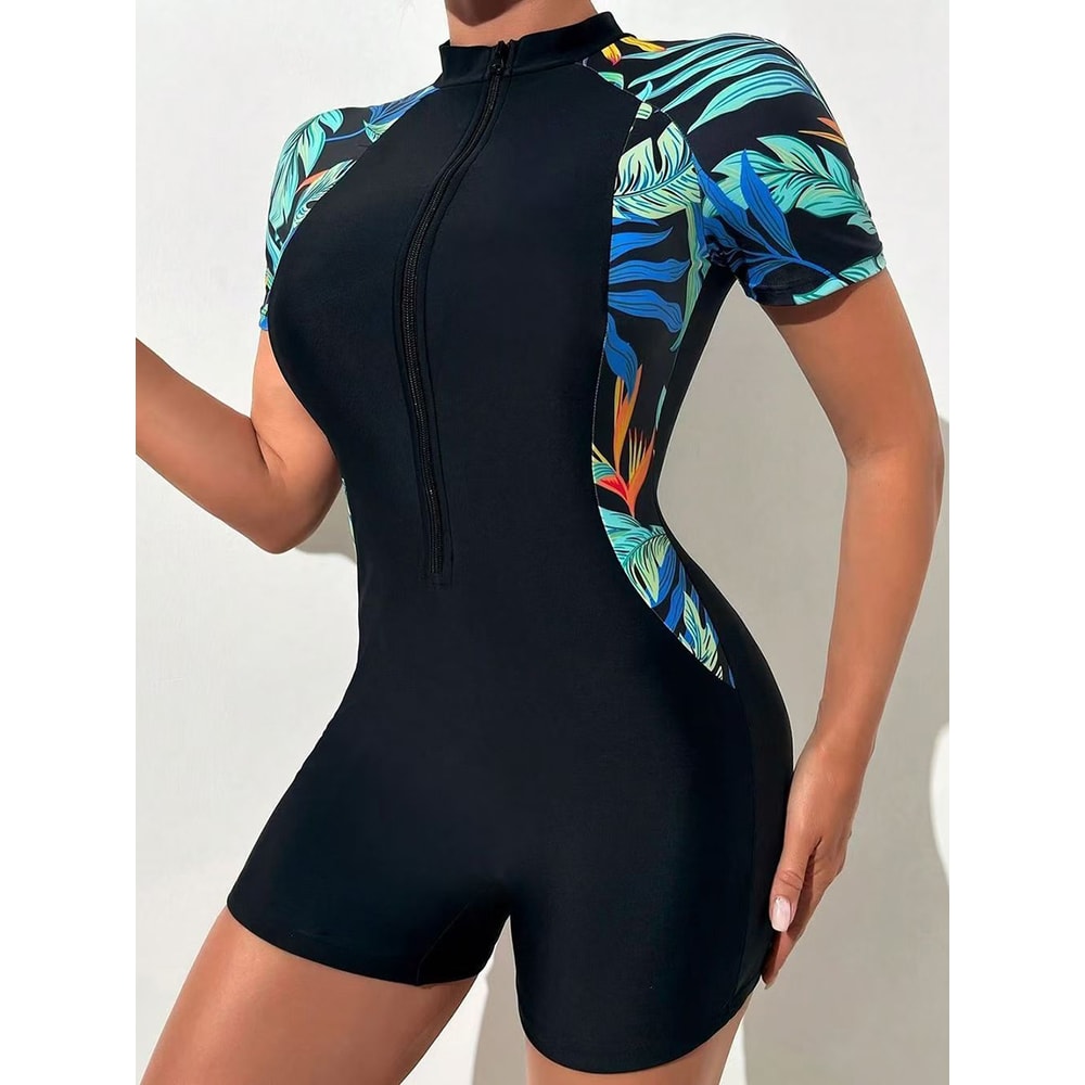Women Swimwear Short Sleeve Swimsuit Zip Front Tropical Plant Surfing Quick Drying No Builtin Bra 9