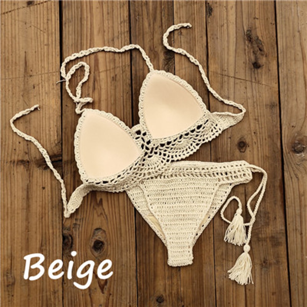 Hand Crochet Women Swimwear, Sexy Crop Top Push Up Bikini Set, Beach Swimsuit with Tassel Swim Shorts