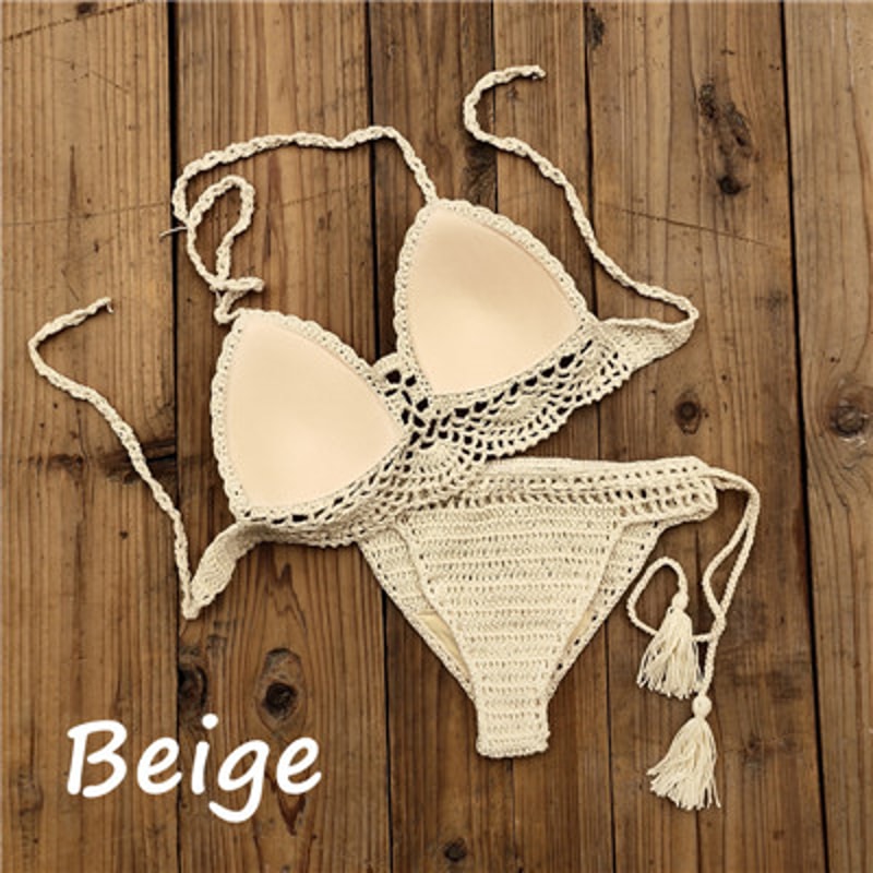Hand Crochet Women Swimwear, Sexy Crop Top Push Up Bikini Set, Beach Swimsuit with Tassel Swim Shorts