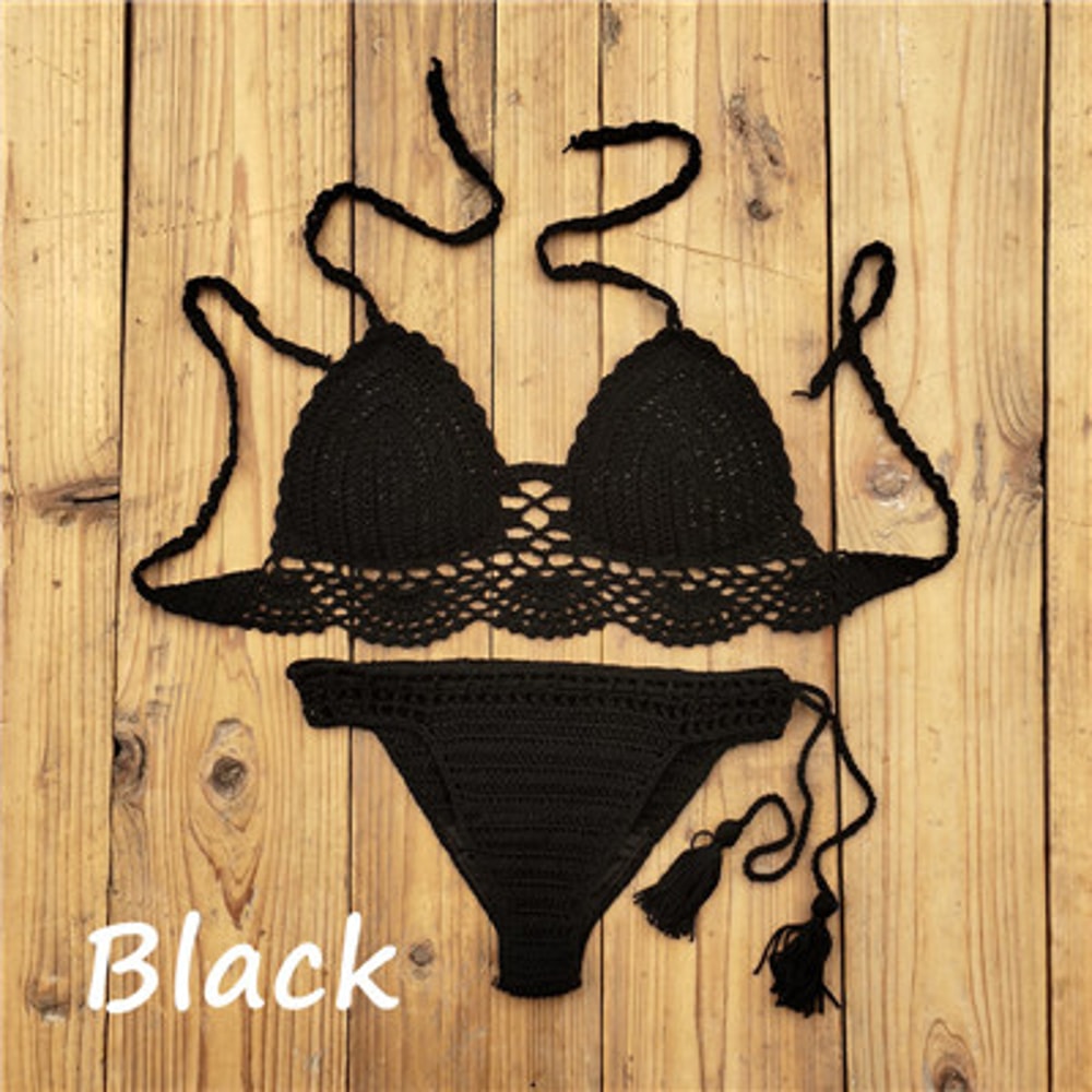 Hand Crochet Women Swimwear, Sexy Crop Top Push Up Bikini Set, Beach Swimsuit with Tassel Swim Shorts
