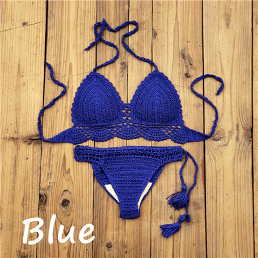 Hand Crochet Women Swimwear, Sexy Crop Top Push Up Bikini Set, Beach Swimsuit with Tassel Swim Shorts