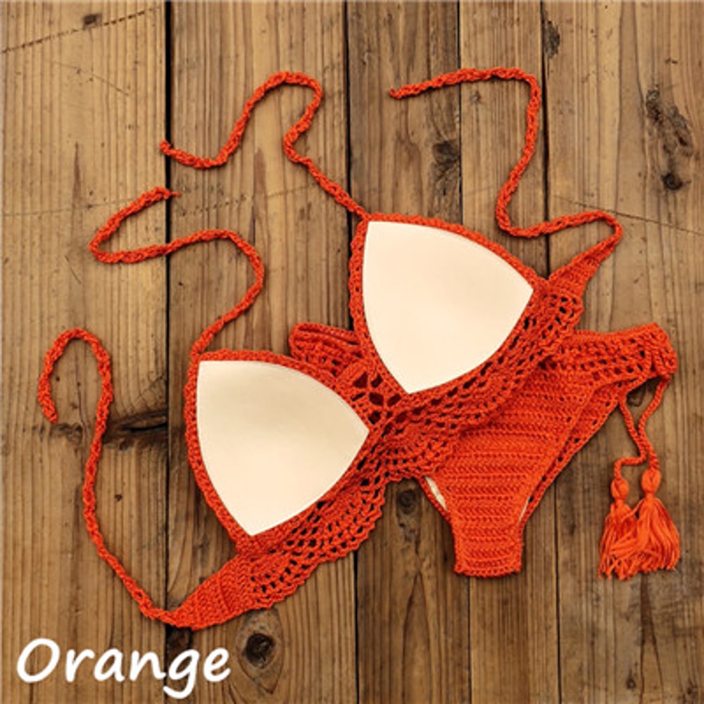 Hand Crochet Women Swimwear, Sexy Crop Top Push Up Bikini Set, Beach Swimsuit with Tassel Swim Shorts