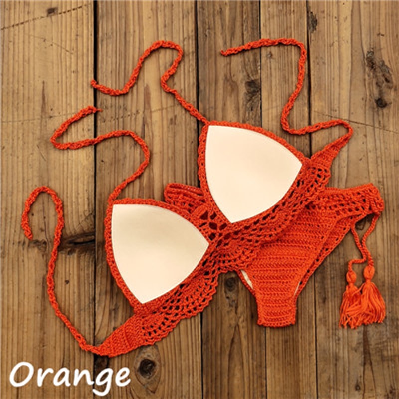 Hand Crochet Women Swimwear, Sexy Crop Top Push Up Bikini Set, Beach Swimsuit with Tassel Swim Shorts