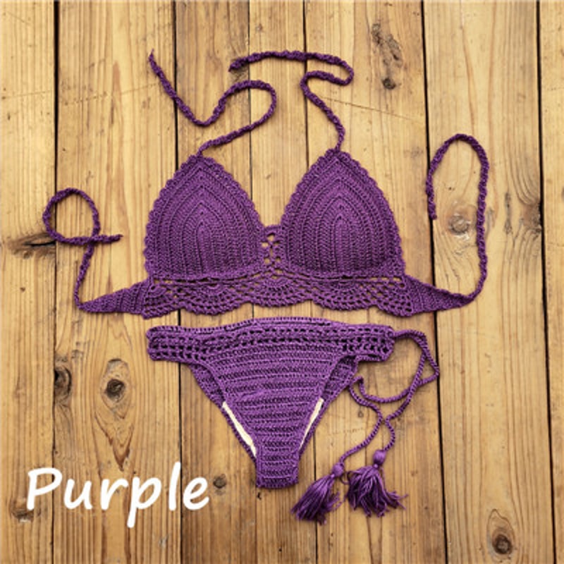 Hand Crochet Women Swimwear, Sexy Crop Top Push Up Bikini Set, Beach Swimsuit with Tassel Swim Shorts