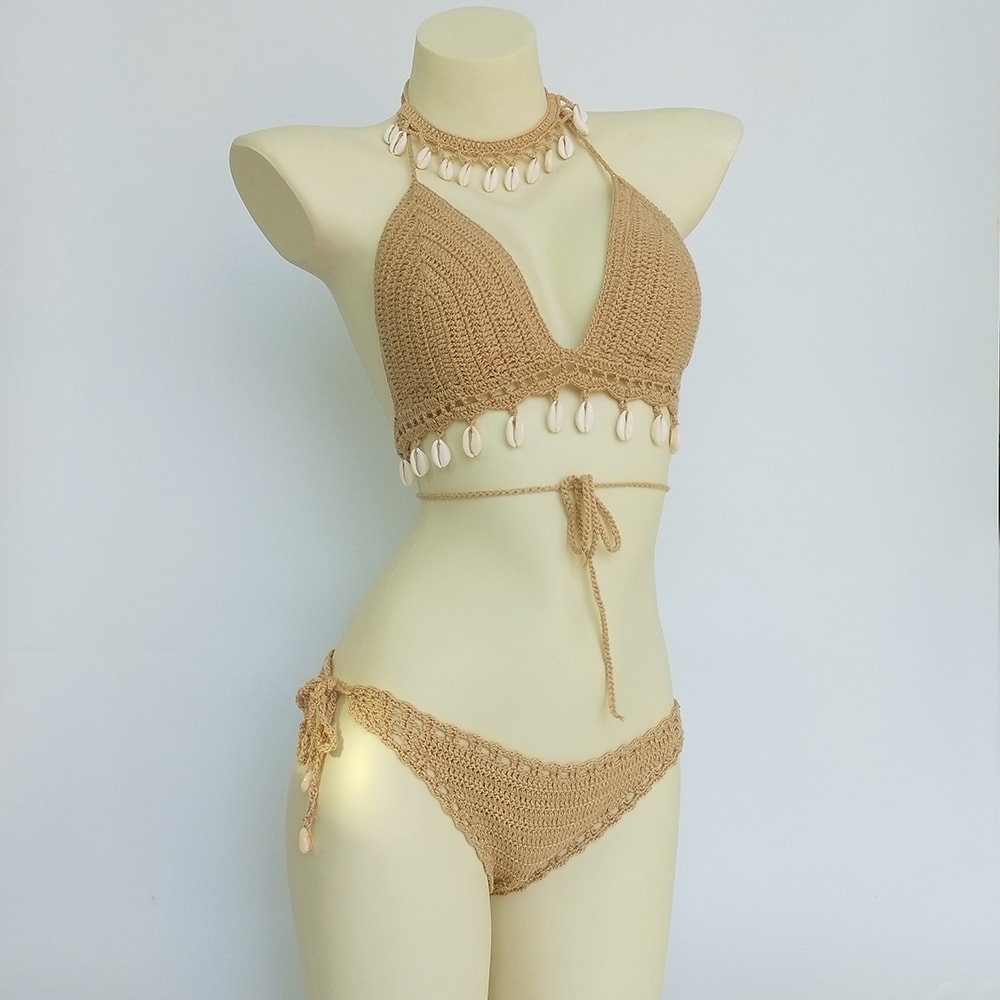 Sexy Bikini Set Woman Crochet Shell Tassel Bikini Top, Seashell Ankle Chain, Low Waist Hollow-out Thong Bottom