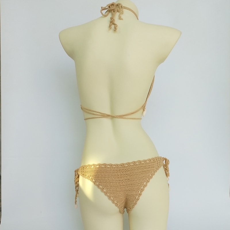 Sexy Bikini Set Woman Crochet Shell Tassel Bikini Top, Seashell Ankle Chain, Low Waist Hollow-out Thong Bottom