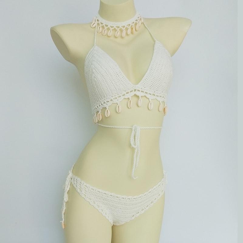 Sexy Bikini Set Woman Crochet Shell Tassel Bikini Top, Seashell Ankle Chain, Low Waist Hollow-out Thong Bottom