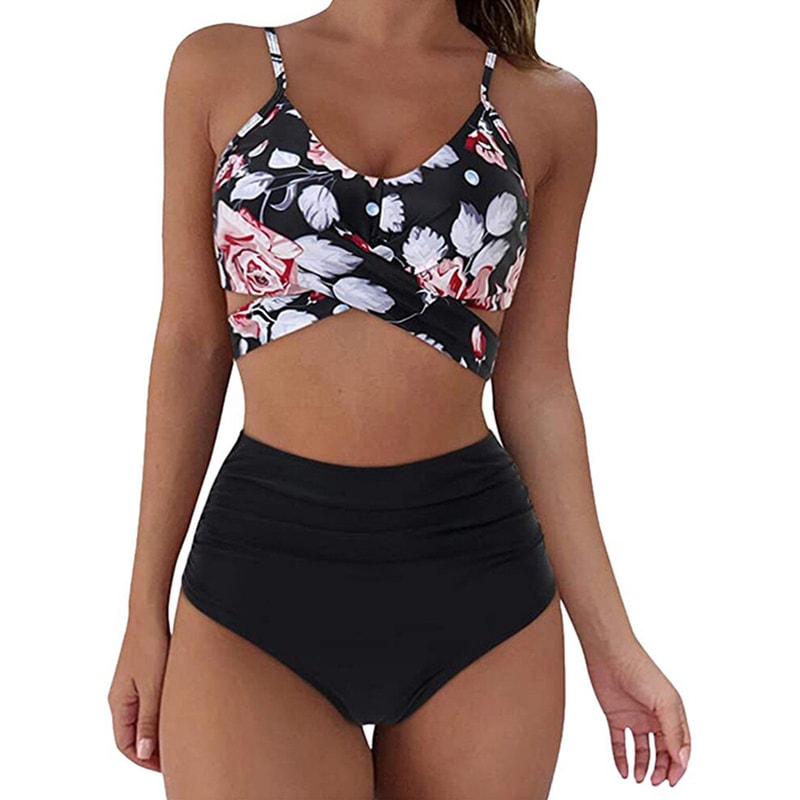 Women Slim Bikini Sets High Waisted Sexy Swimwear 2 Pieces 2025 SolidFloral Ruched Brazilian Swimsu 1