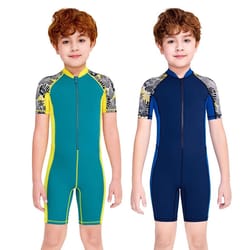 one-piece quick drying boys swimwear, summer children swimsuits, kid short sleeve sun protection