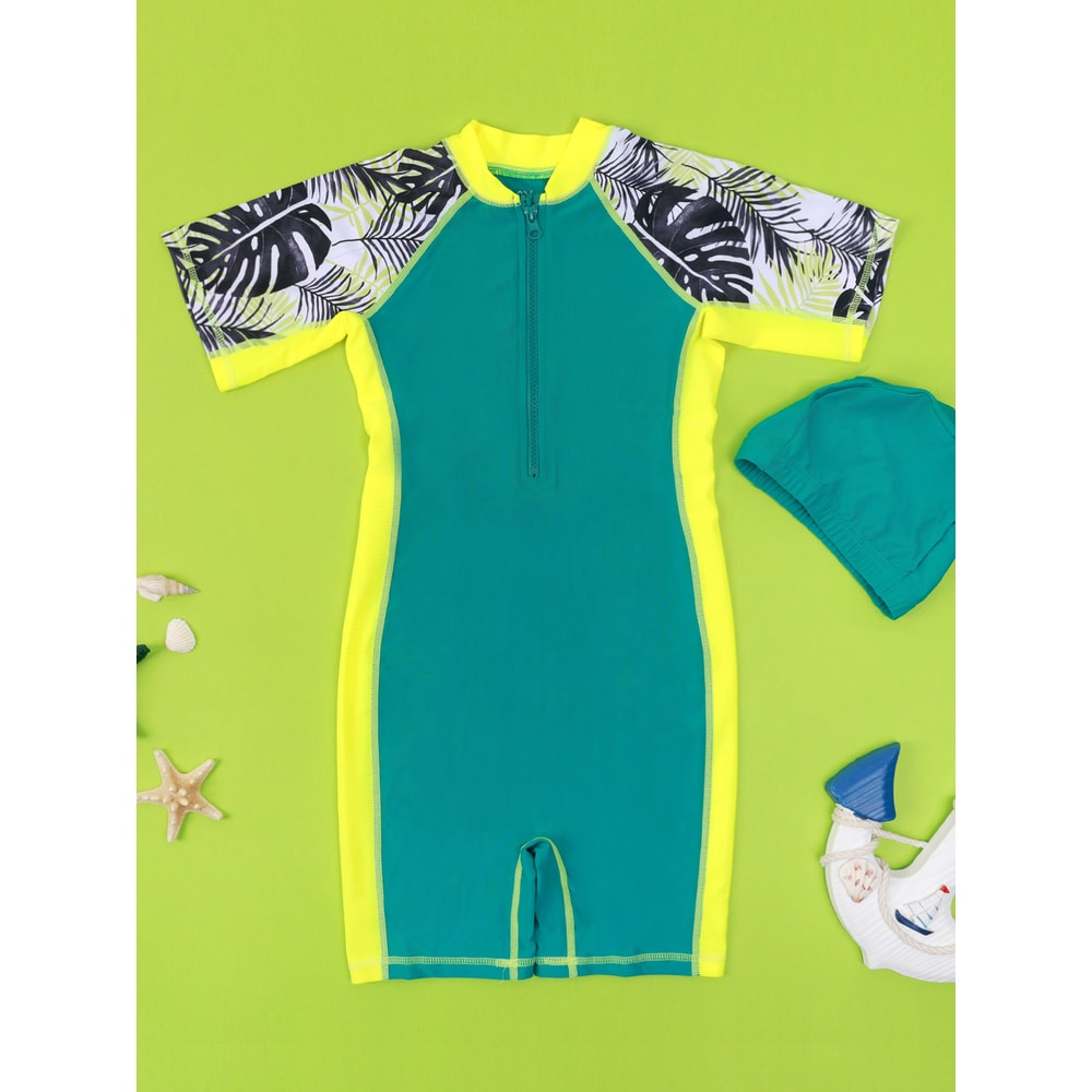 One-Piece Quick Drying Boys Swimwear, Summer Children Swimsuits, Kid Short Sleeve Sun Protection