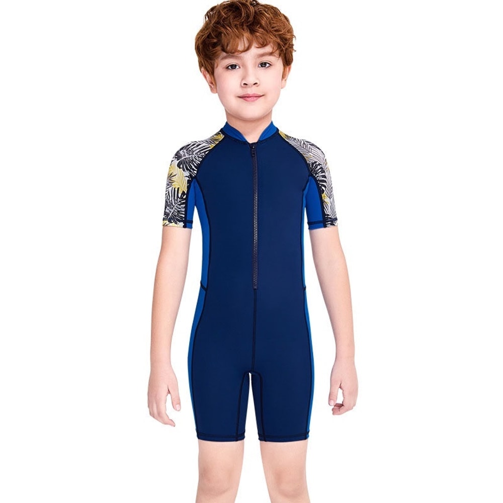 One-Piece Quick Drying Boys Swimwear, Summer Children Swimsuits, Kid Short Sleeve Sun Protection