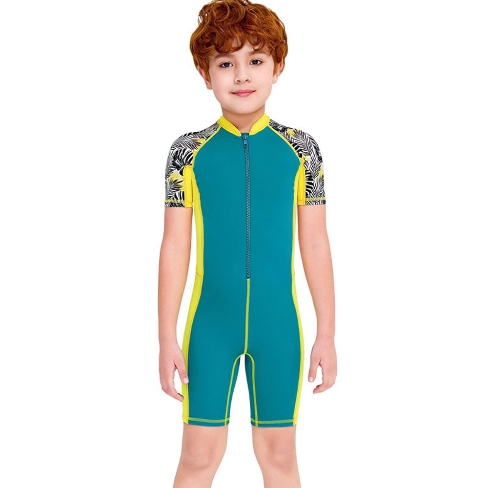 One-Piece Quick Drying Boys Swimwear, Summer Children Swimsuits, Kid Short Sleeve Sun Protection