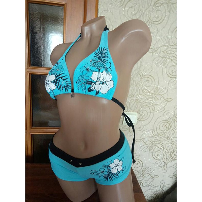 Vintage Flower Print Bikini Swimsuit, Sexy Women Bathing Halter Strap Swimwear, Fashion High Street Beach Female