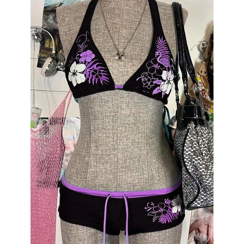 Vintage Flower Print Bikini Swimsuit, Sexy Women Bathing Halter Strap Swimwear, Fashion High Street Beach Female