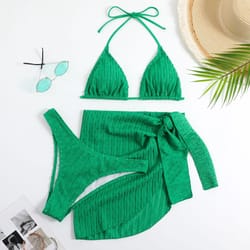 summer halter bikini women, sexy thong swimwear with sarong skirt, white black pink green beachwear