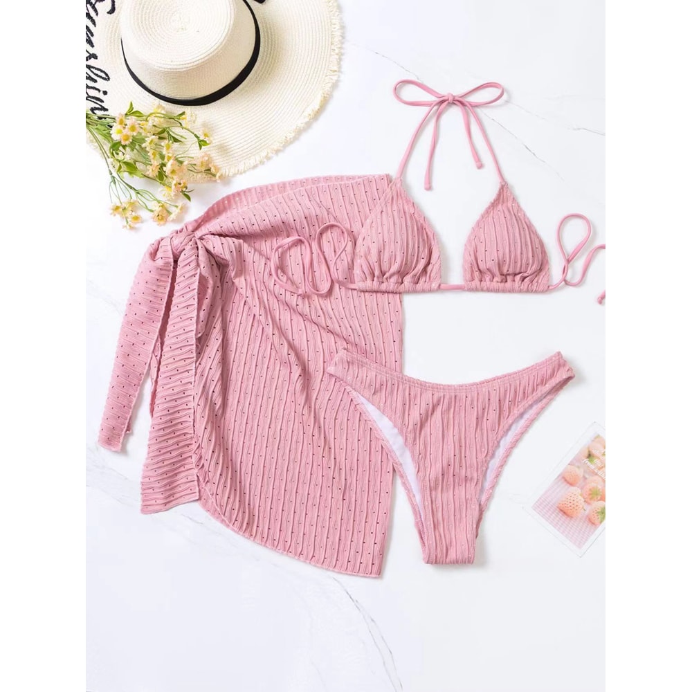 Summer Halter Bikini Women Sexy Thong Swimwear With Sarong Skirt White Black Pink Green Beachwear 6