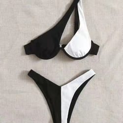 luxury two pieces bikini, solid patchwork swimwear, underwire push up, one shoulder cut out beachwear