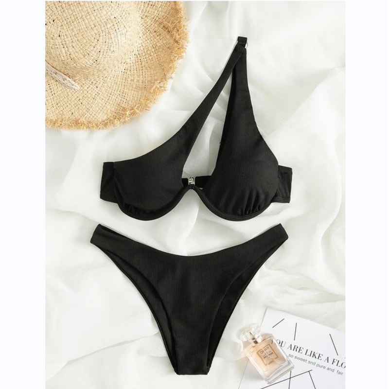 Luxury Two Pieces Bikini Solid Patchwork Swimwear Underwire Push Up One Shoulder Cut Out Beachwear 2