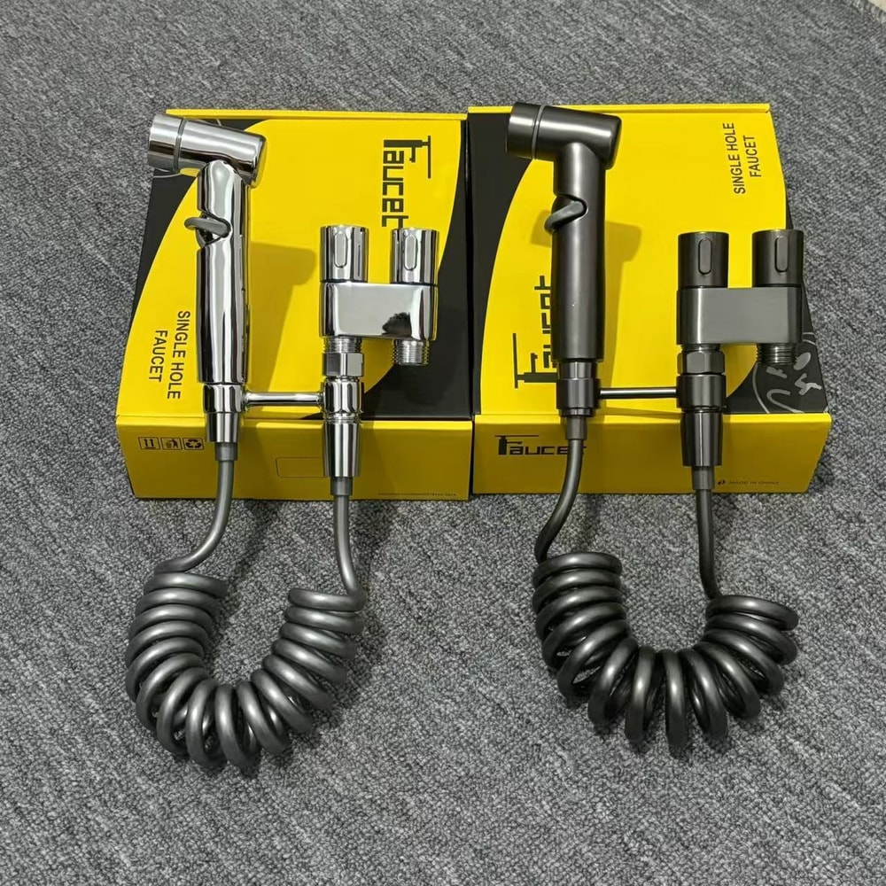 Stainless Steel Household Toilet Spray Gun, Handheld Bidet Sprayer, Pressurized Nozzle, Double Outlet Angle Valve