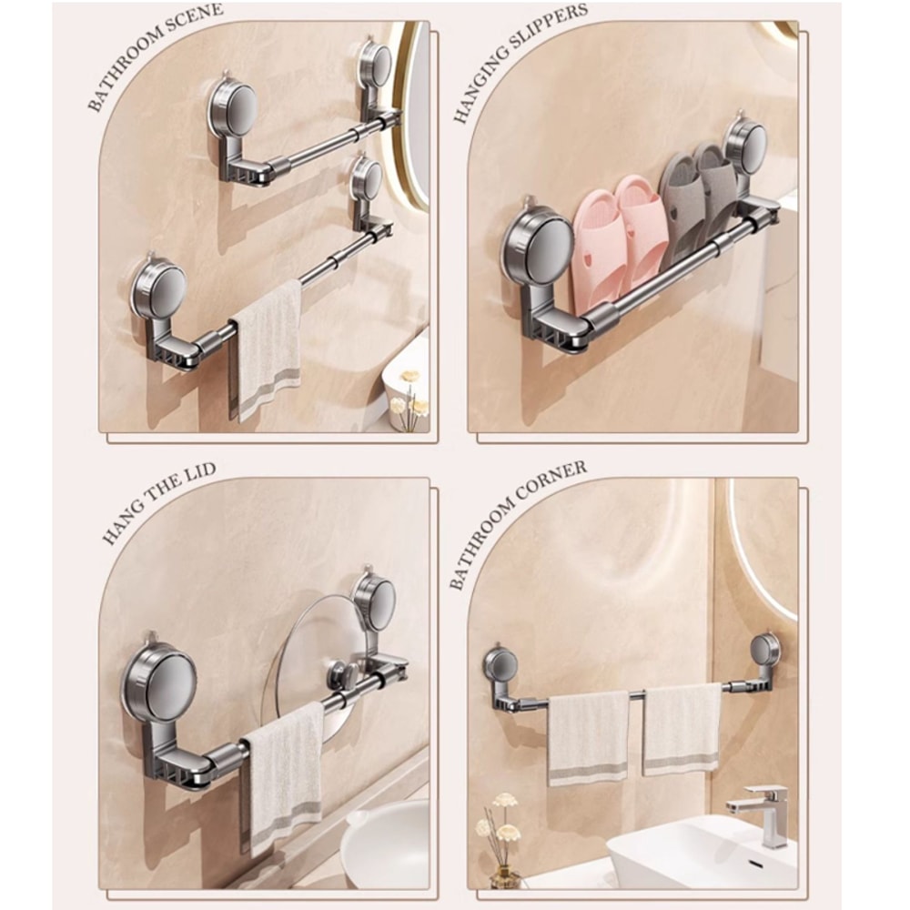 Bathroom Suction Cup Wall Towel Holder, No-punching Retractable Towel Rack, Robe Coat Organizer Shelf