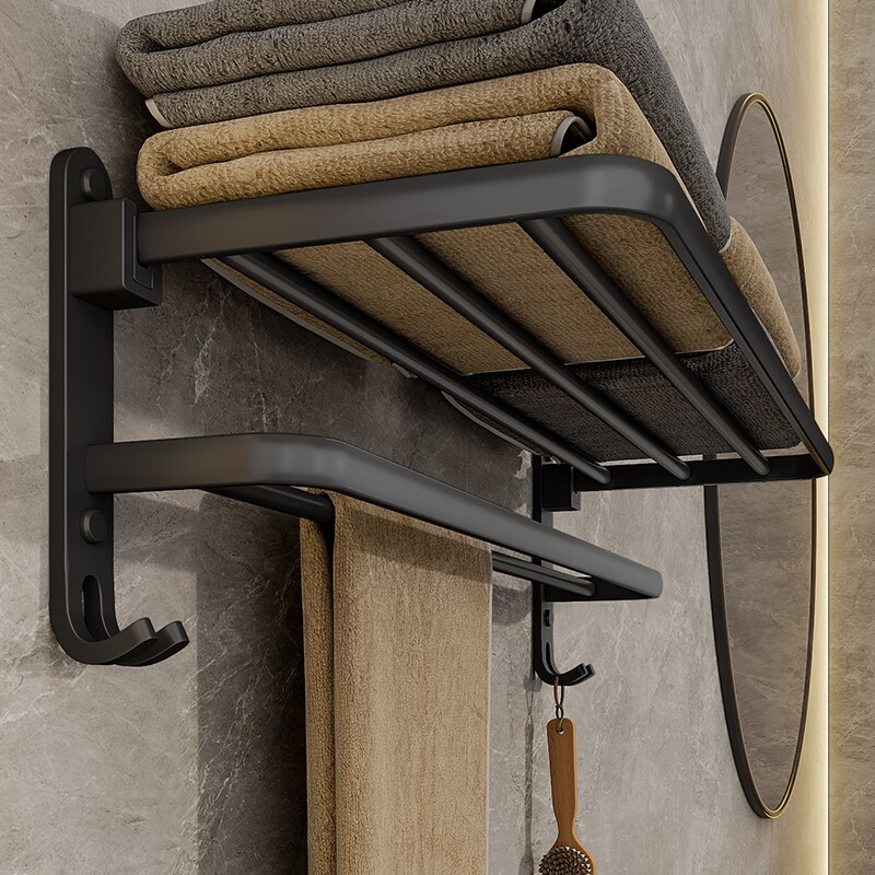 Matte Black Folding Holder With Hook, Wall Mount Aluminum Towel Rack, Towel Holder for Bathroom