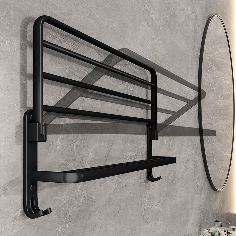 Matte Black Folding Holder With Hook, Wall Mount Aluminum Towel Rack, Towel Holder for Bathroom