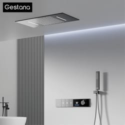 luxury brass gun grey thermostatic shower system, spray modes, ceiling-embedded waterfall bath mixer with led digital