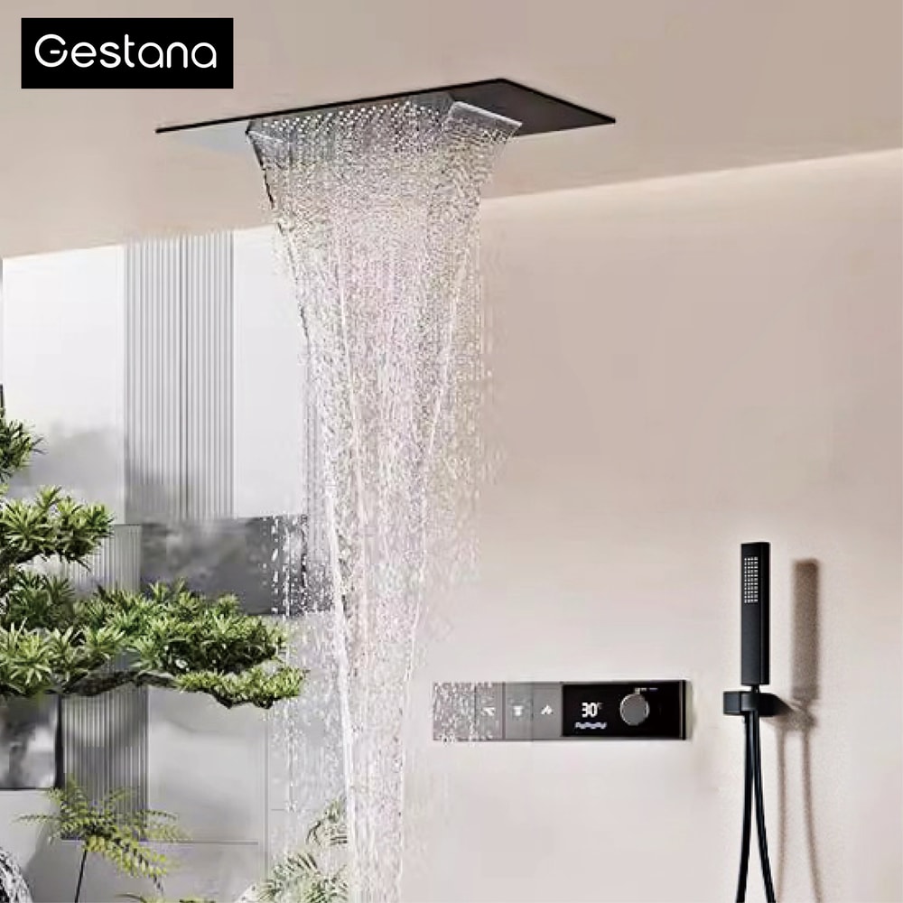 Luxury Brass Gun Grey Thermostatic Shower System, Spray Modes, Ceiling-Embedded Waterfall Bath Mixer with LED Digital