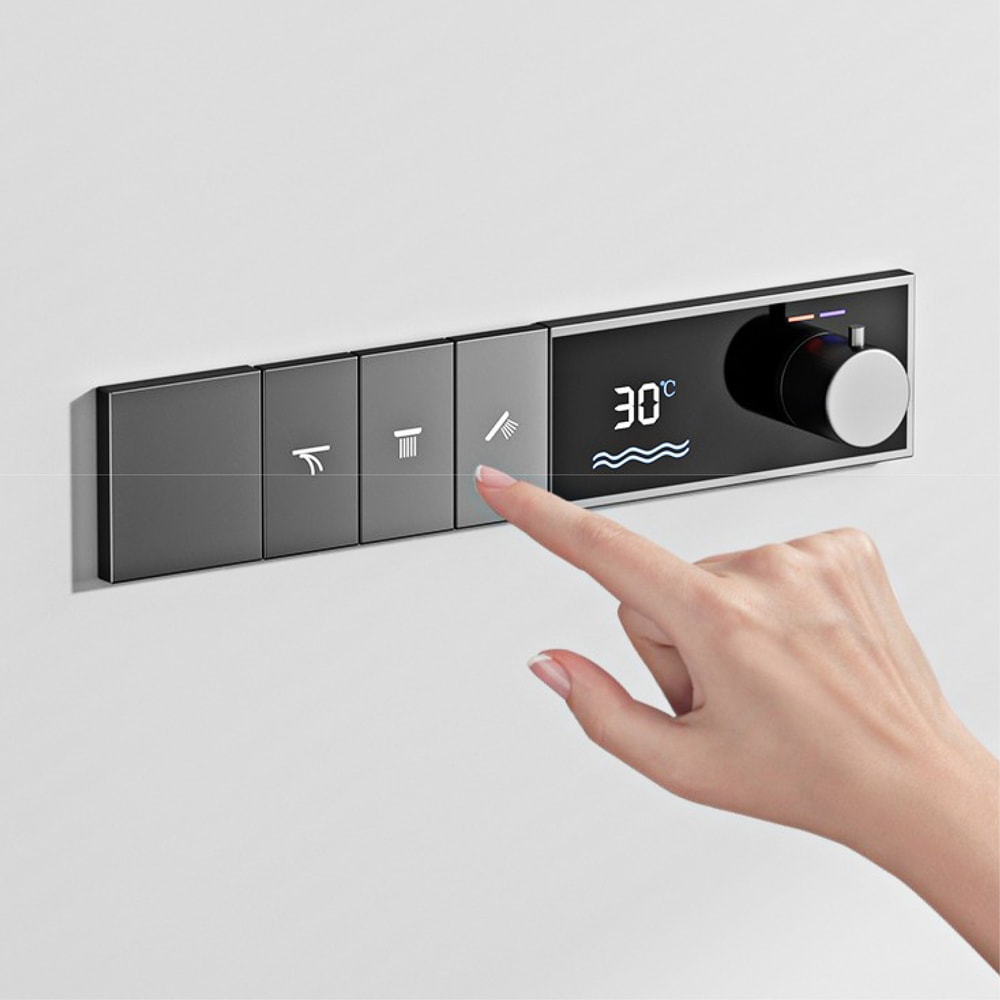 Luxury Brass Gun Grey Thermostatic Shower System, Spray Modes, Ceiling-Embedded Waterfall Bath Mixer with LED Digital