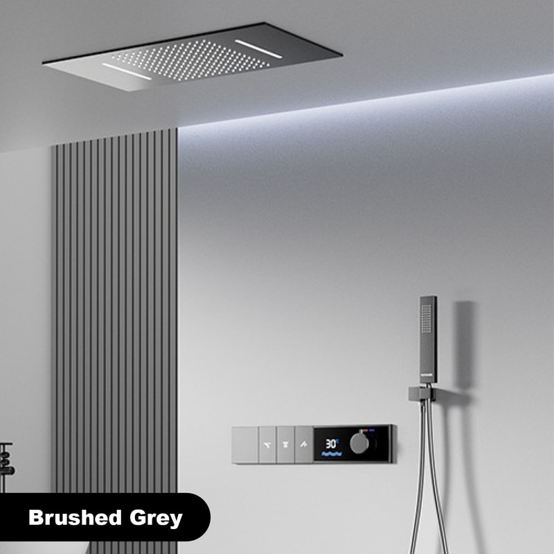 Luxury Brass Gun Grey Thermostatic Shower System, Spray Modes, Ceiling-Embedded Waterfall Bath Mixer with LED Digital