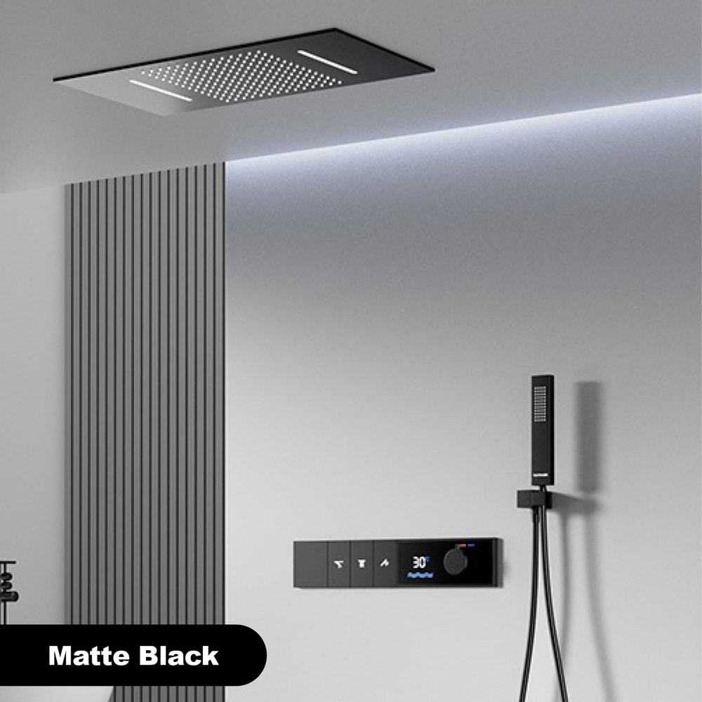 Luxury Brass Gun Grey Thermostatic Shower System, Spray Modes, Ceiling-Embedded Waterfall Bath Mixer with LED Digital