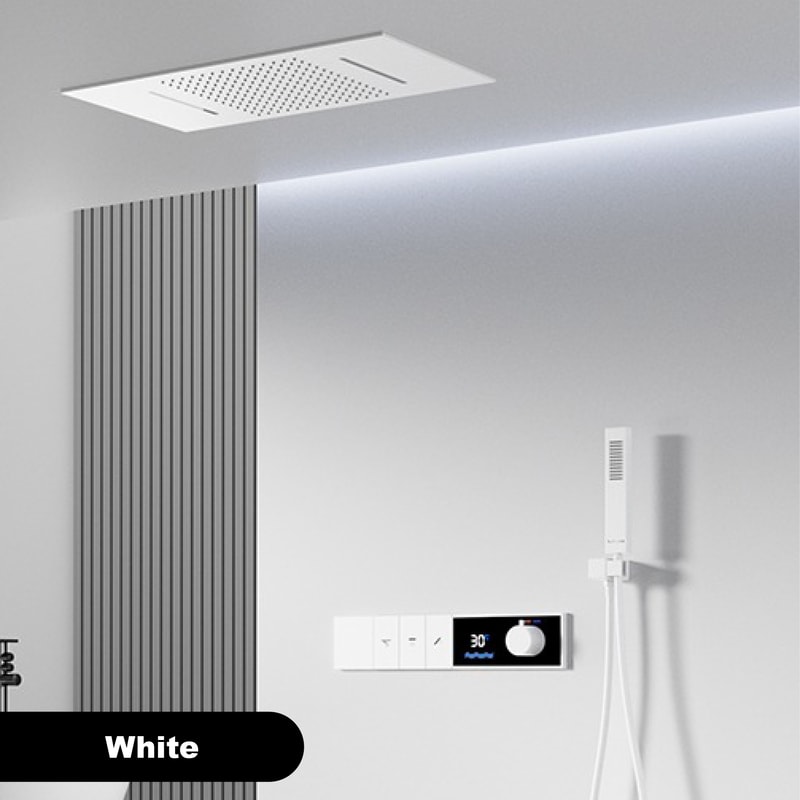 Luxury Brass Gun Grey Thermostatic Shower System, Spray Modes, Ceiling-Embedded Waterfall Bath Mixer with LED Digital