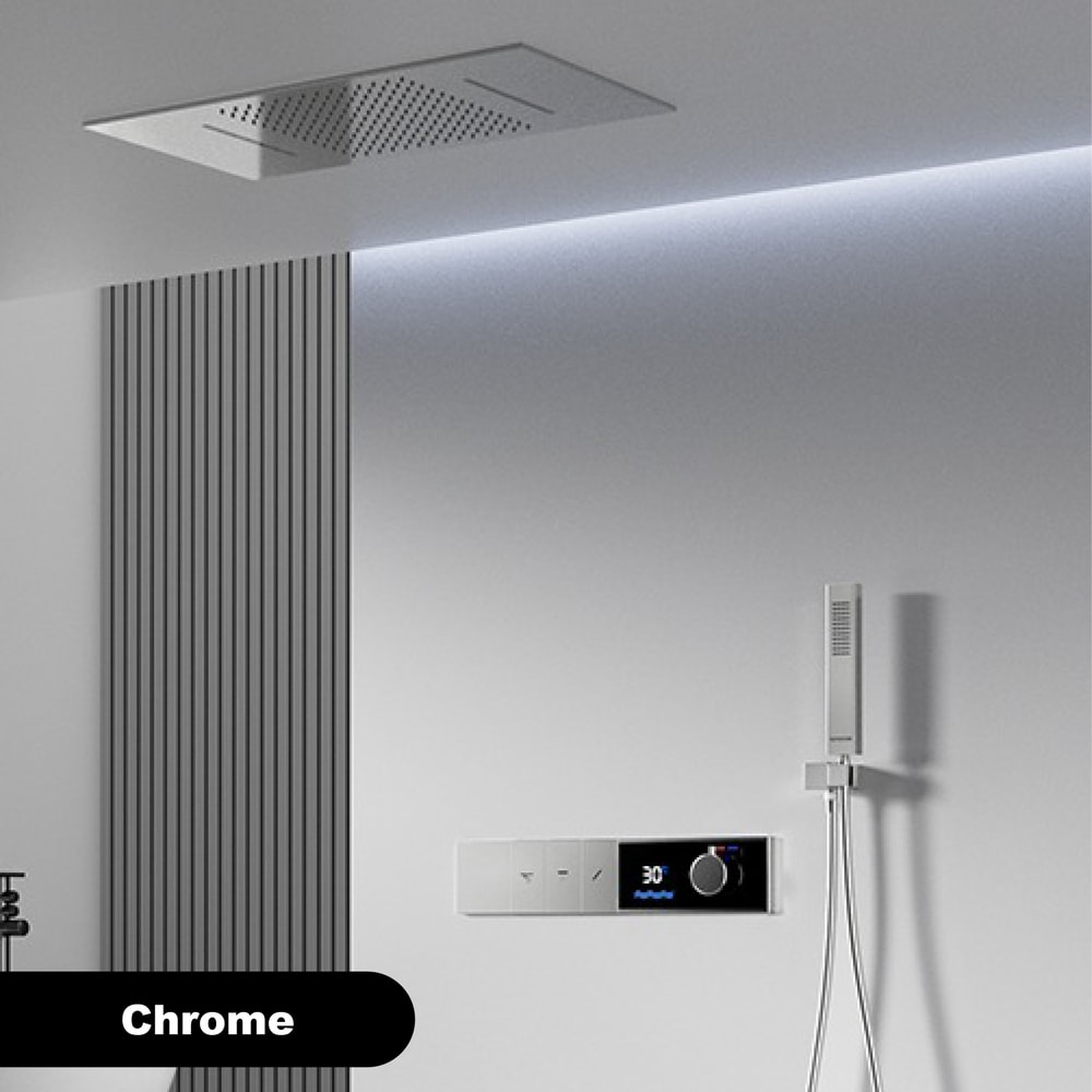 Luxury Brass Gun Grey Thermostatic Shower System, Spray Modes, Ceiling-Embedded Waterfall Bath Mixer with LED Digital