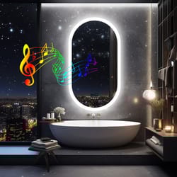 led lighted bluetooth bathroom mirror, backlit dimming vanity mirror, time and date display, anti-fog function