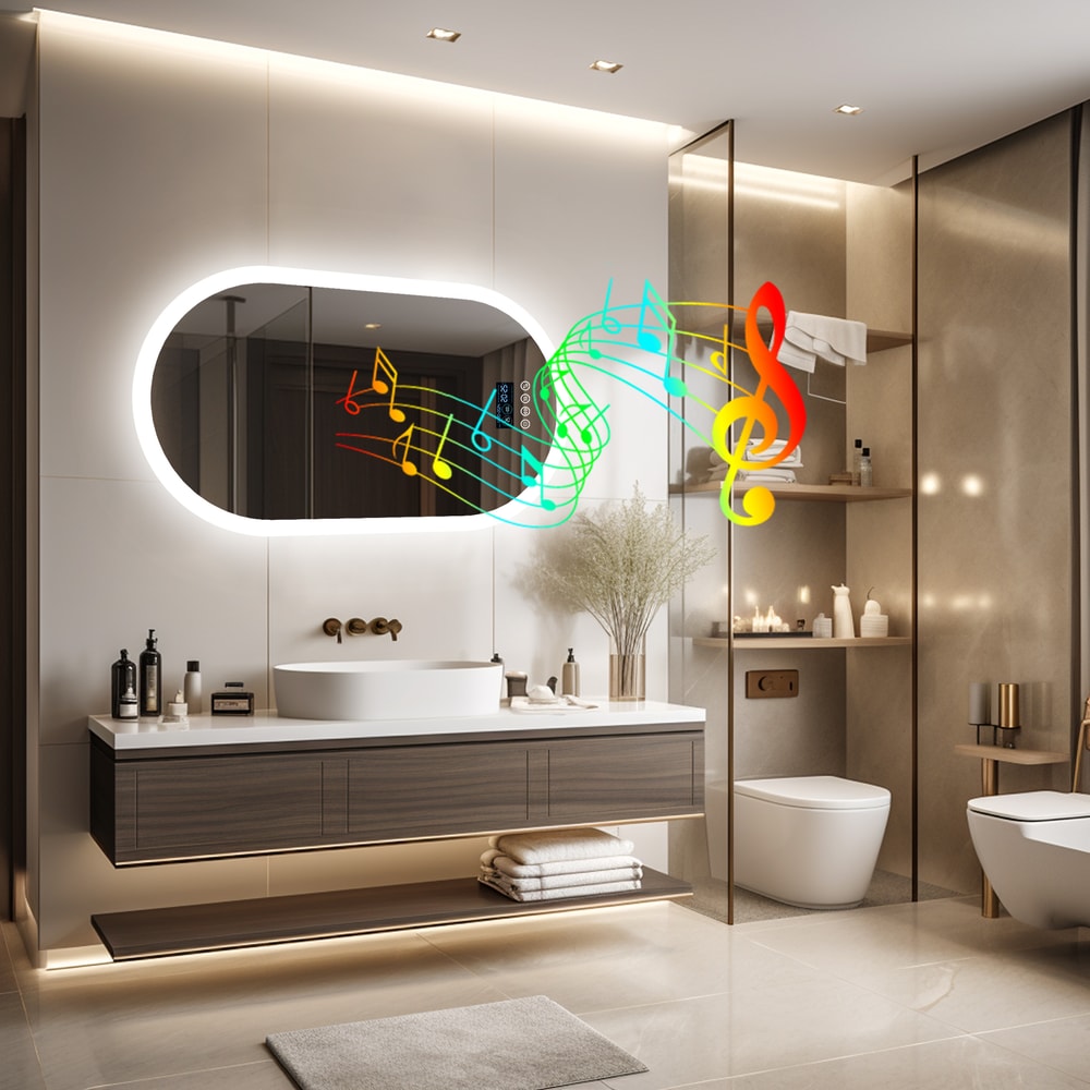 LED Lighted Bluetooth Bathroom Mirror, Backlit Dimming Vanity Mirror, Time and Date Display, Anti-Fog Function