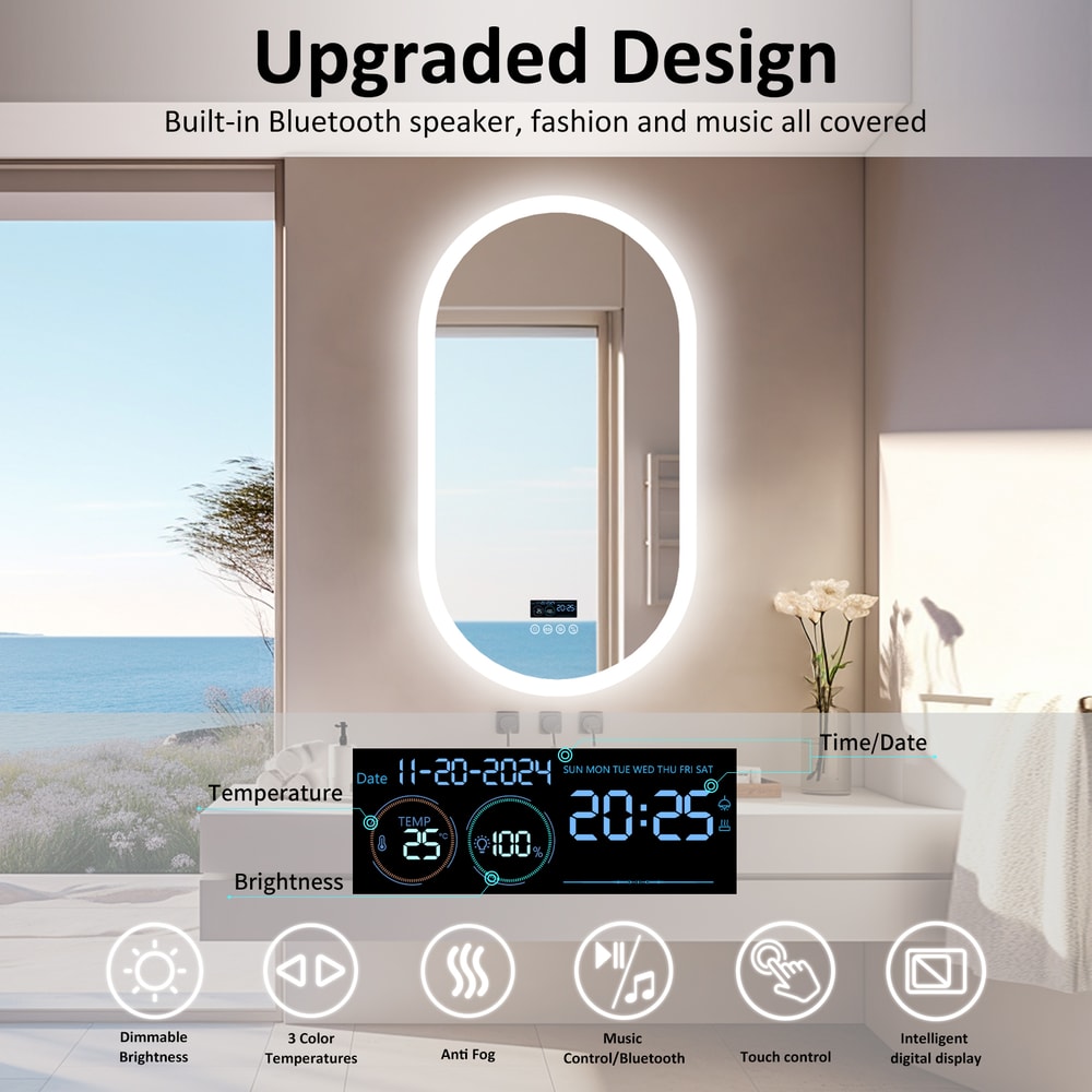 LED Lighted Bluetooth Bathroom Mirror, Backlit Dimming Vanity Mirror, Time and Date Display, Anti-Fog Function
